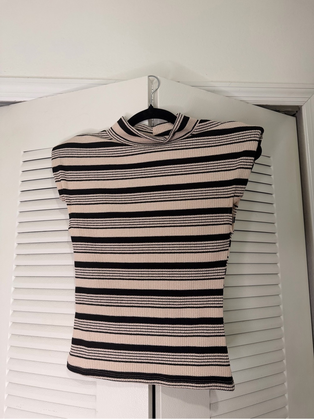 High neck shoulder pad tank in camel & black stripe